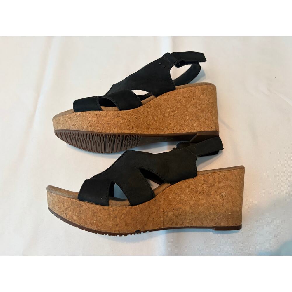 Clarks Collection Cushion Soft Black Suede Cork Wedge Sandals Women’s 8